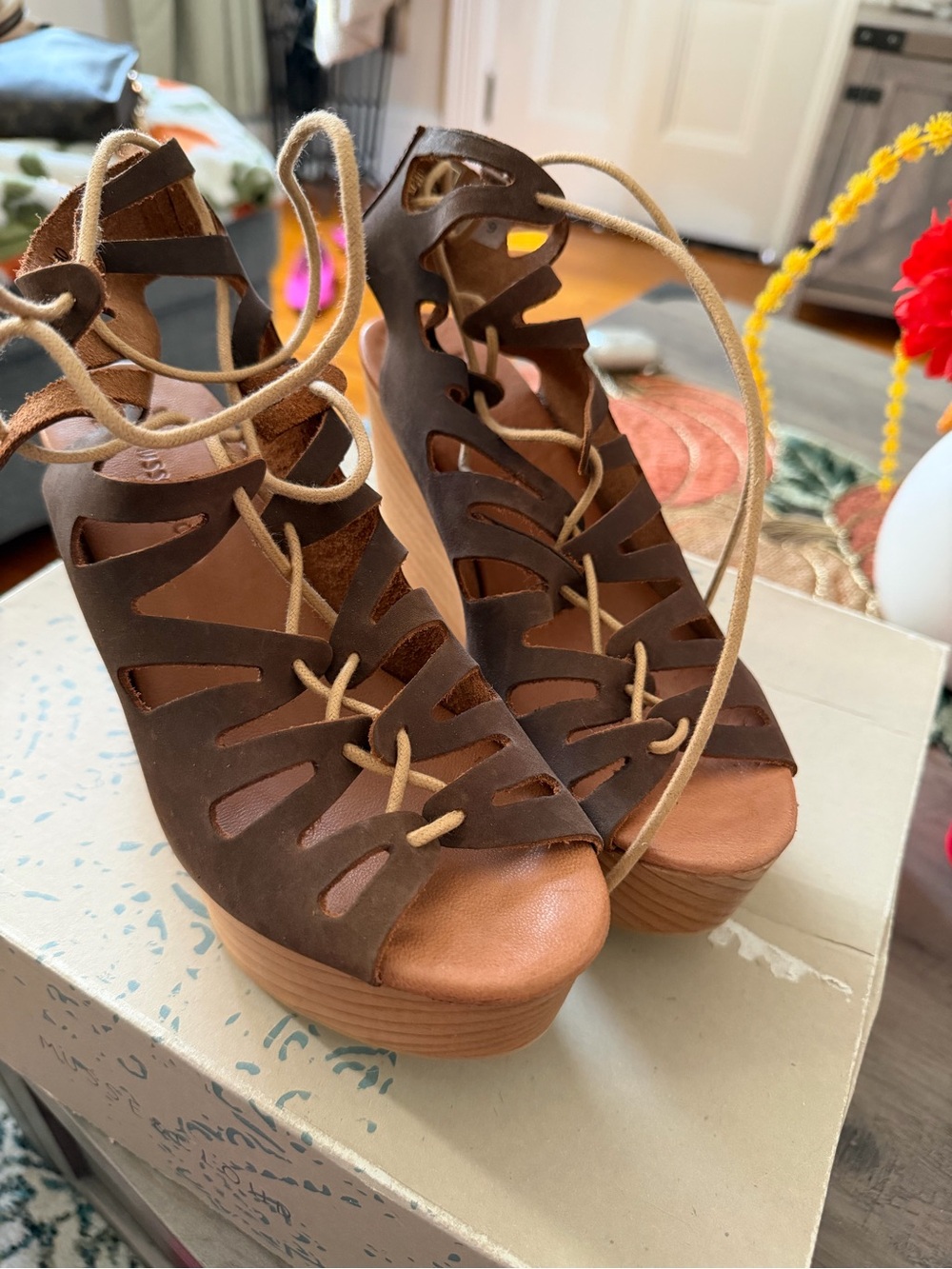 Musse & Cloud Brown Cutout Lace-Up Wedge Sandals